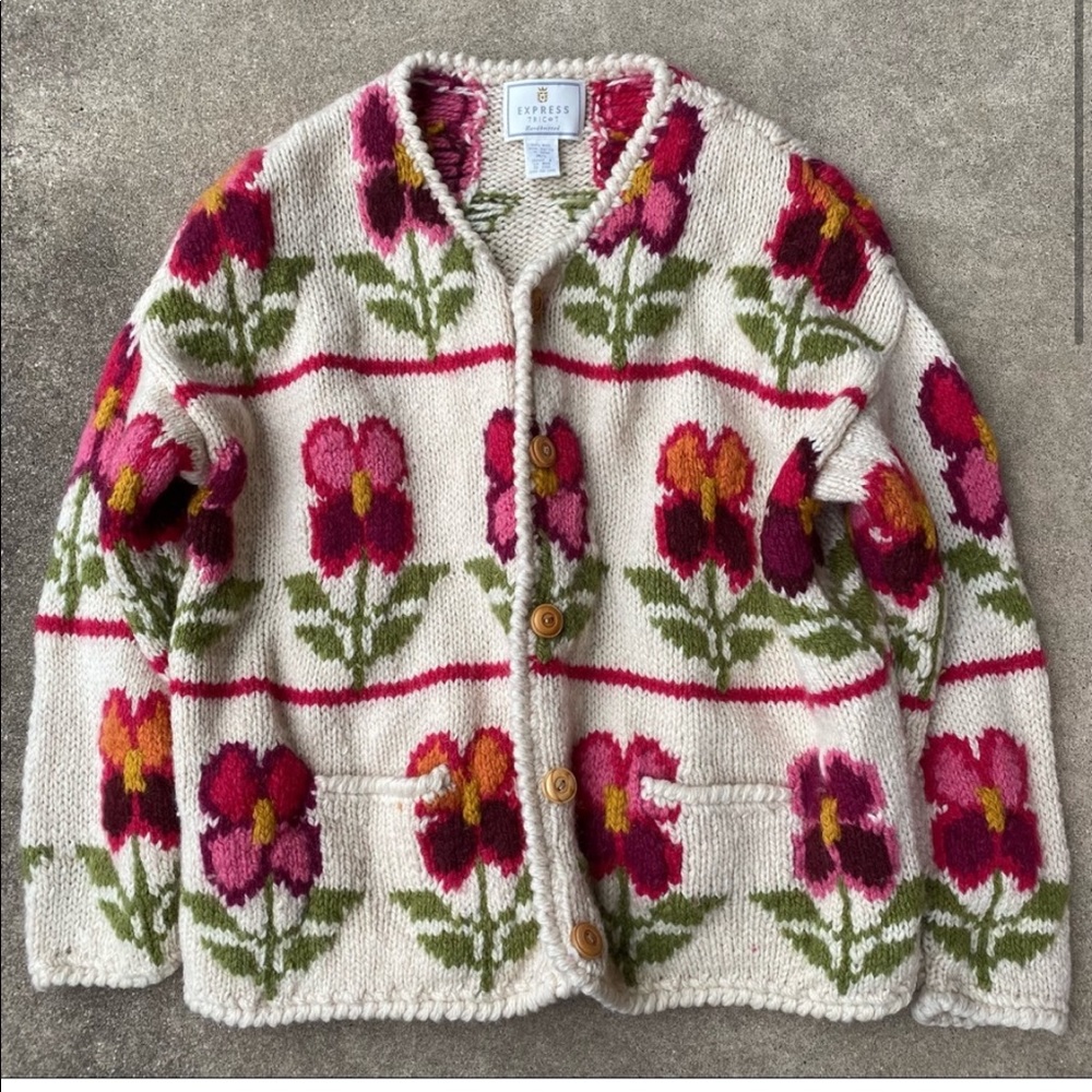 Express Vintage Wool Knit Floral Button Front Cardigan